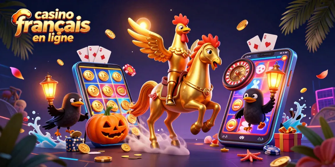 Illustration 3D captivante de casino français en ligne avec un coq doré et des éléments de jeu mobiles.