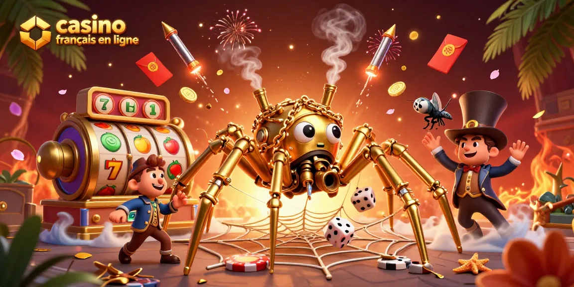 Jouez au casino français en ligne avec une illustration captivante d'une araignée dorée steampunk et des éléments de jeu