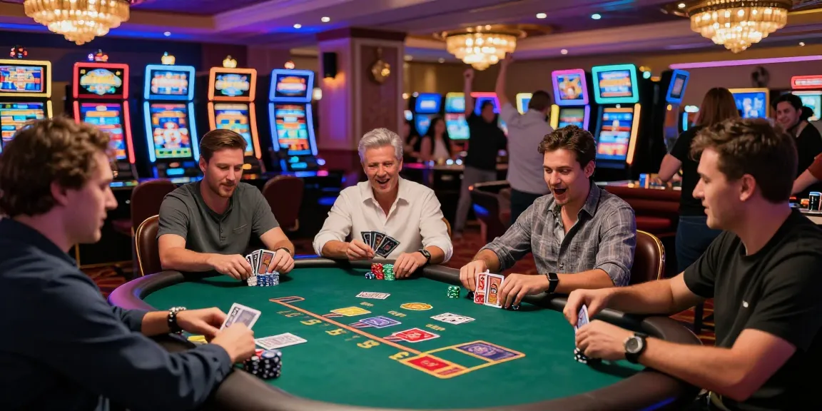 Engaging scene of players enjoying credit card casinos at a vibrant blackjack table with neon lights in the background.
