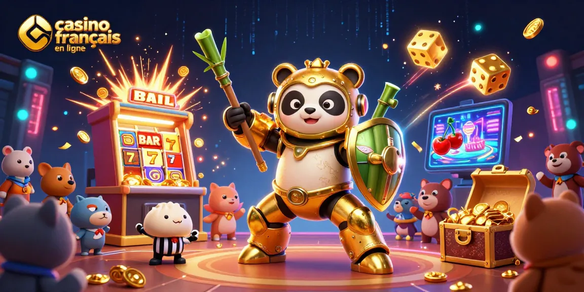 Découvrez l'univers animé des jeux avec le casino français en ligne, un panda doré et un robot se battent parmi les machines à sous.