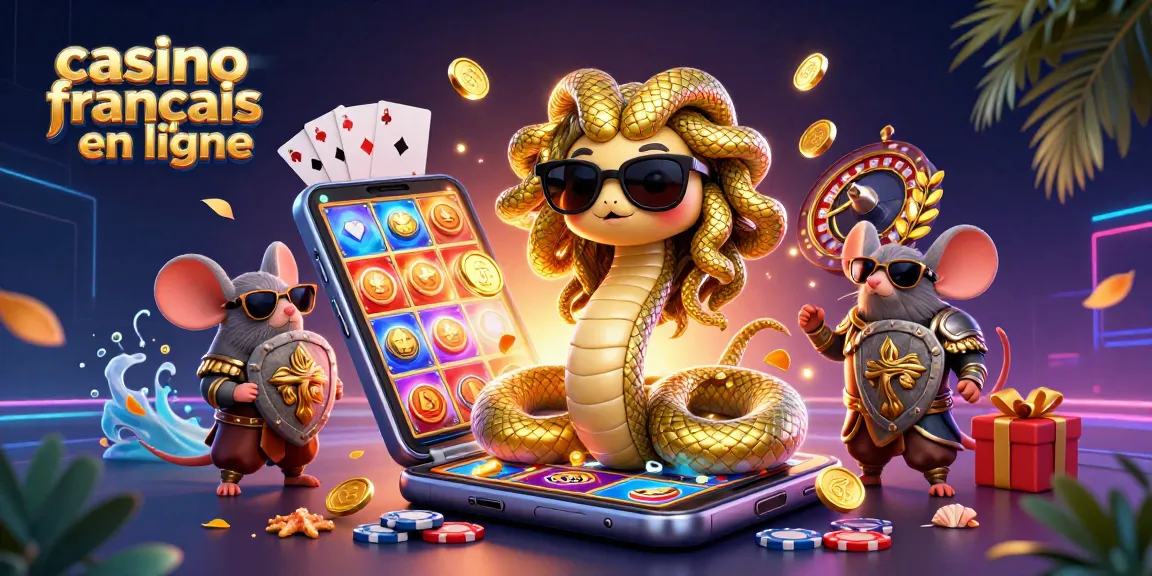 Profitez des jeux au casino français en ligne avec Medusa et un guerrier souris, entourés d'éléments de jeux de casino.