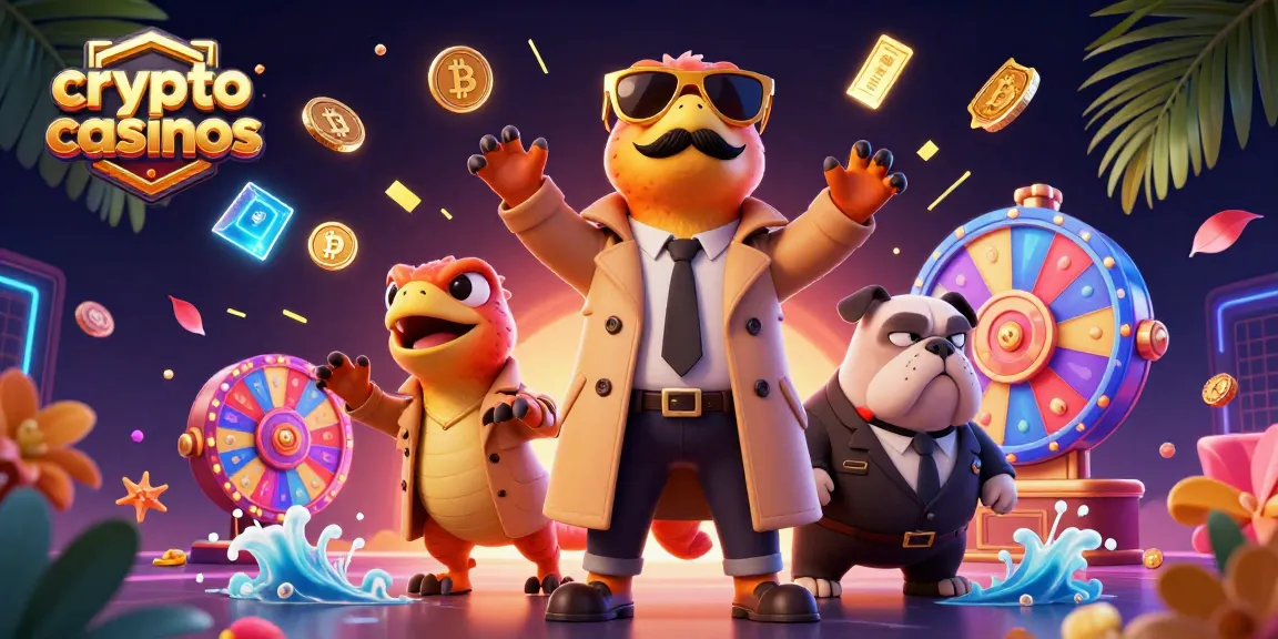 Illustration dynamique de crypto casinos avec trois raptors déguisés et un bulldog, représentant des jeux de loto.