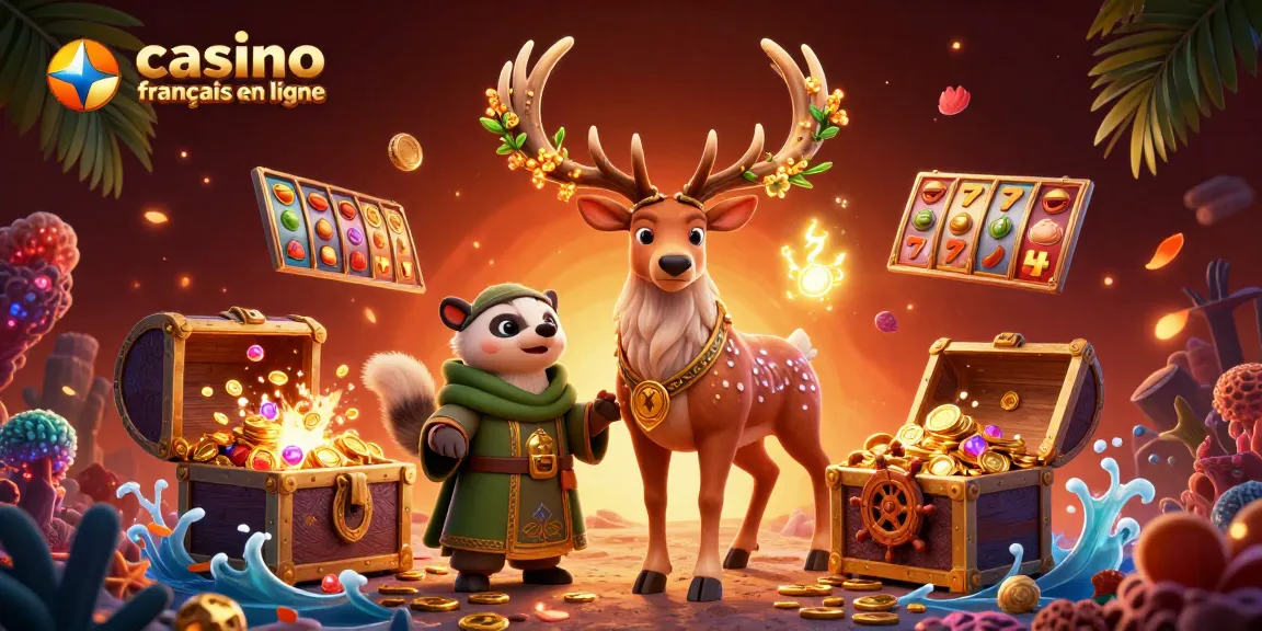 Gagnez au casino français en ligne avec une scène vibrante remplie de druides, trésors et jeux.