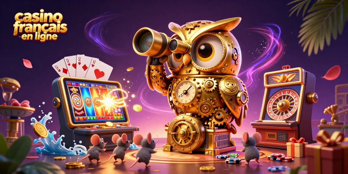 Des paris passionnants dans un casino français en ligne avec une chouette dorée, des machines à sous, et des jetons de poker.