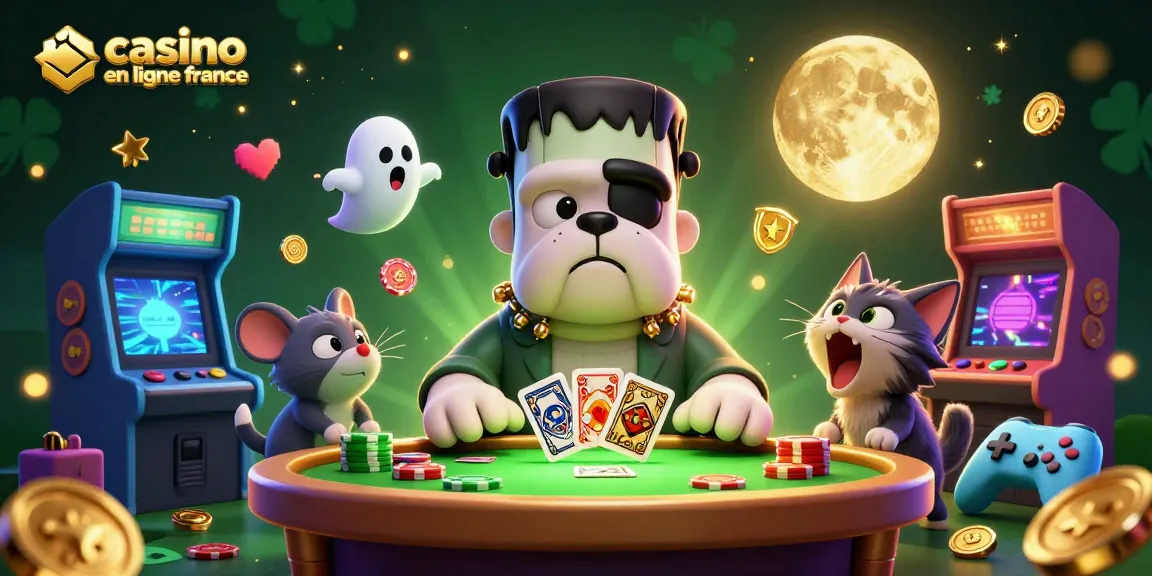 Image colorée illustrant un chien monstre à une table de casino en ligne France, avec des jetons illuminés.