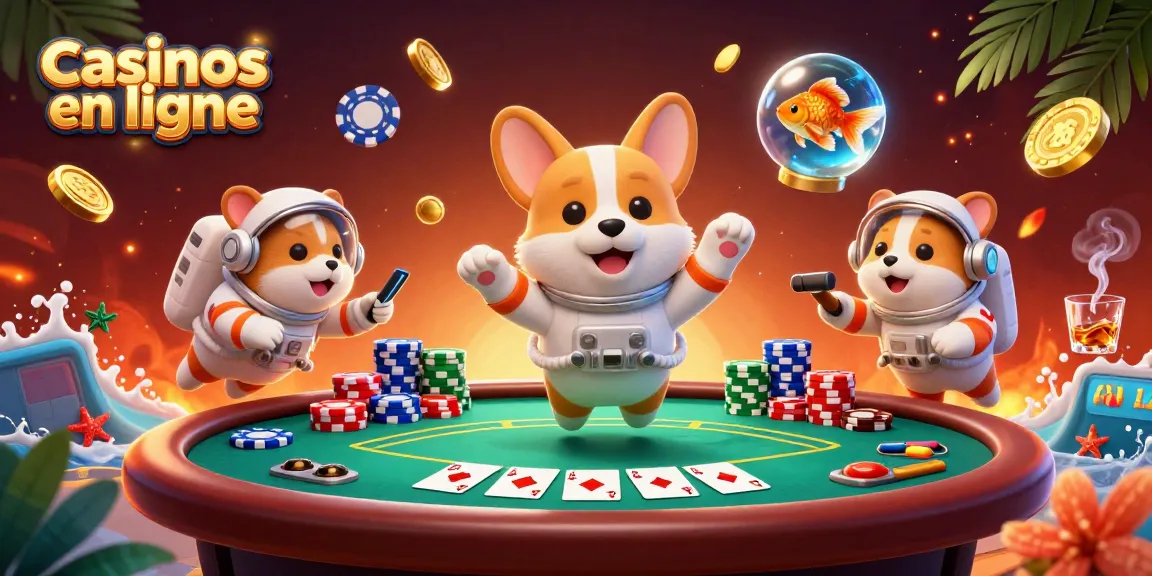 Découvrez un astronaute corgi dans un casino spatial jouant aux casinos en ligne avec des jetons et des pièces d'or.