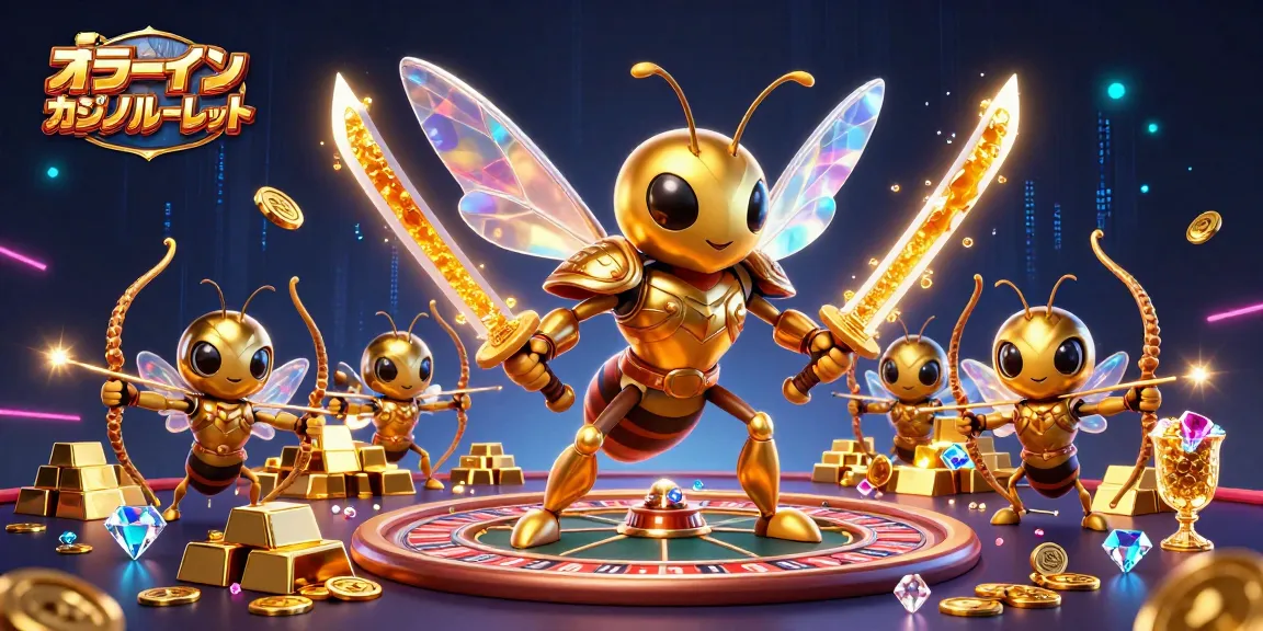 オンラインカジノルーレットのルーレットゲーム要素を含む豪華なキャラクターが集まった3Dアート