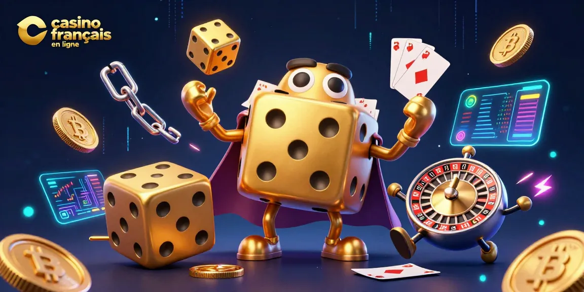 Jouez dans le casino français en ligne avec des dés dorés et des éléments de crypto-monnaie.