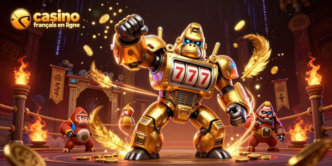Illustration dynamique de casino français en ligne avec un robot gorille doré et des éléments de jeu captivants.