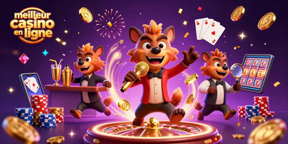 Meilleur casino en ligne : pack de hyènes animées s'illustre dans un club de casino comique.