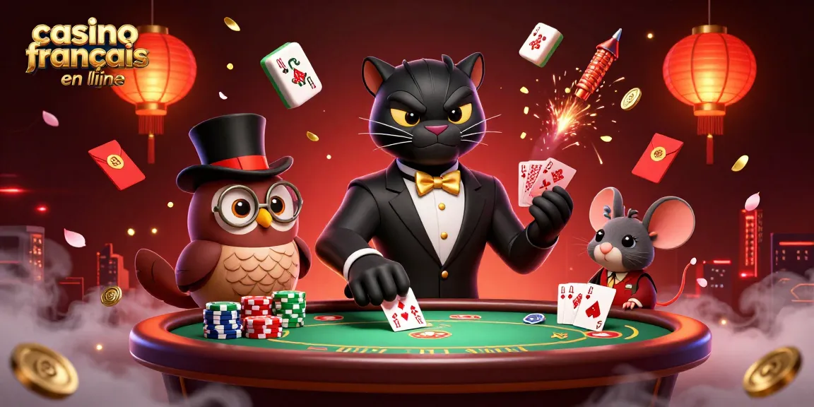 Casino francais en ligne: Une illustration dynamique de personnages de casino entourés d'éléments de jeux.