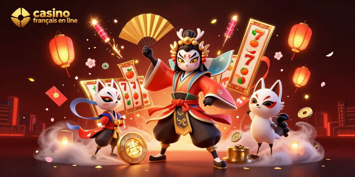 Profitez de l'excitation du casino français en ligne avec ce héros kabuki et des éléments festifs.