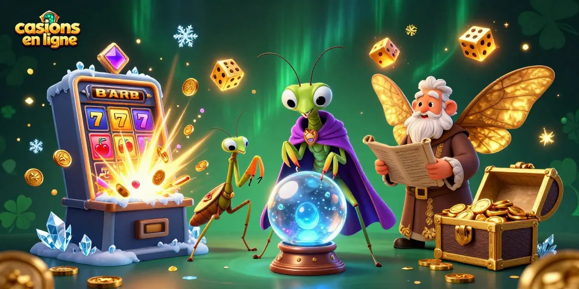 Profitez des casinos en ligne avec cette scène captivante incluant des personnages mystiques et des éléments de jeu.