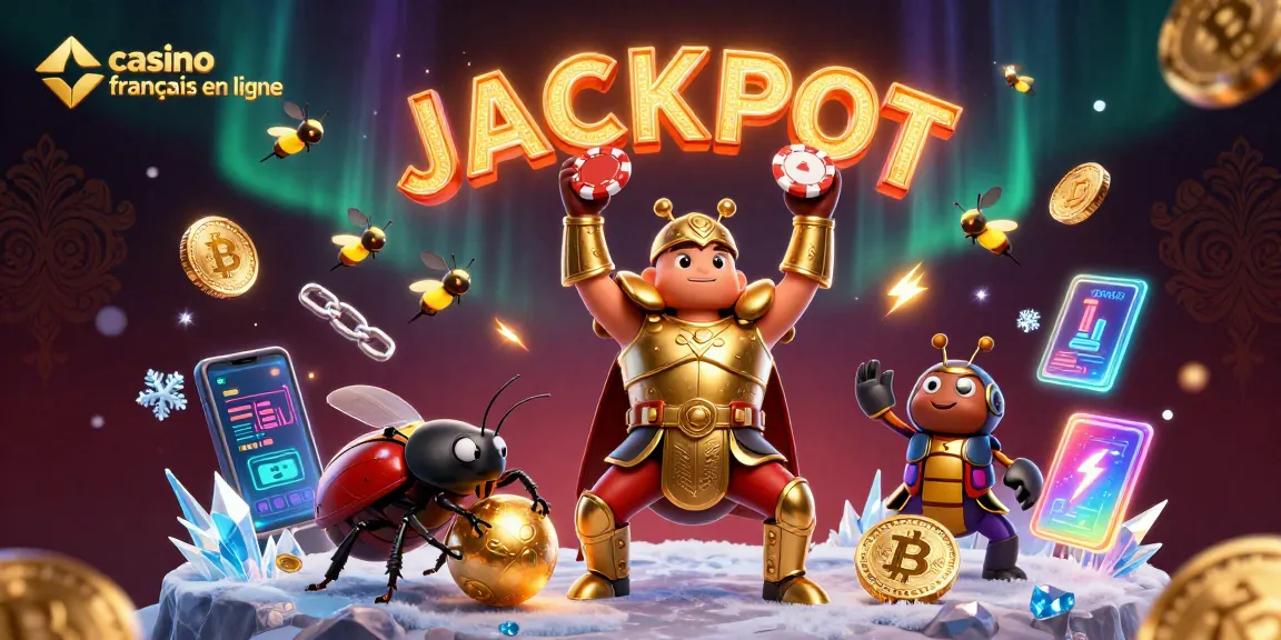 Le casino français en ligne affiche un scarabée herculéen triomphant tenant un jeton de poker au milieu d'une scène festive.