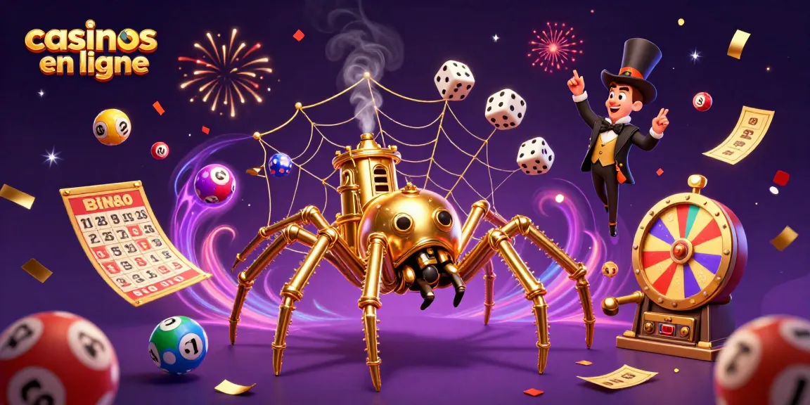 Plongez dans l'univers des casinos en ligne avec une illustration captivante de jeux et de loteries.