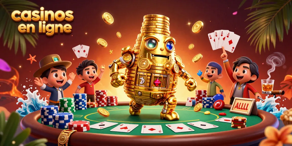 Explorez les casinos en ligne avec une scène dynamique évoquant la chance et l'excitation du jeu.
