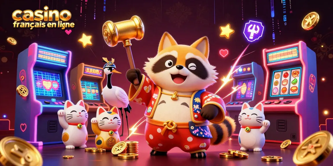 Jouer au casino français en ligne avec un tanuki chanceux, des maneki-neko, et des jeux colorés.