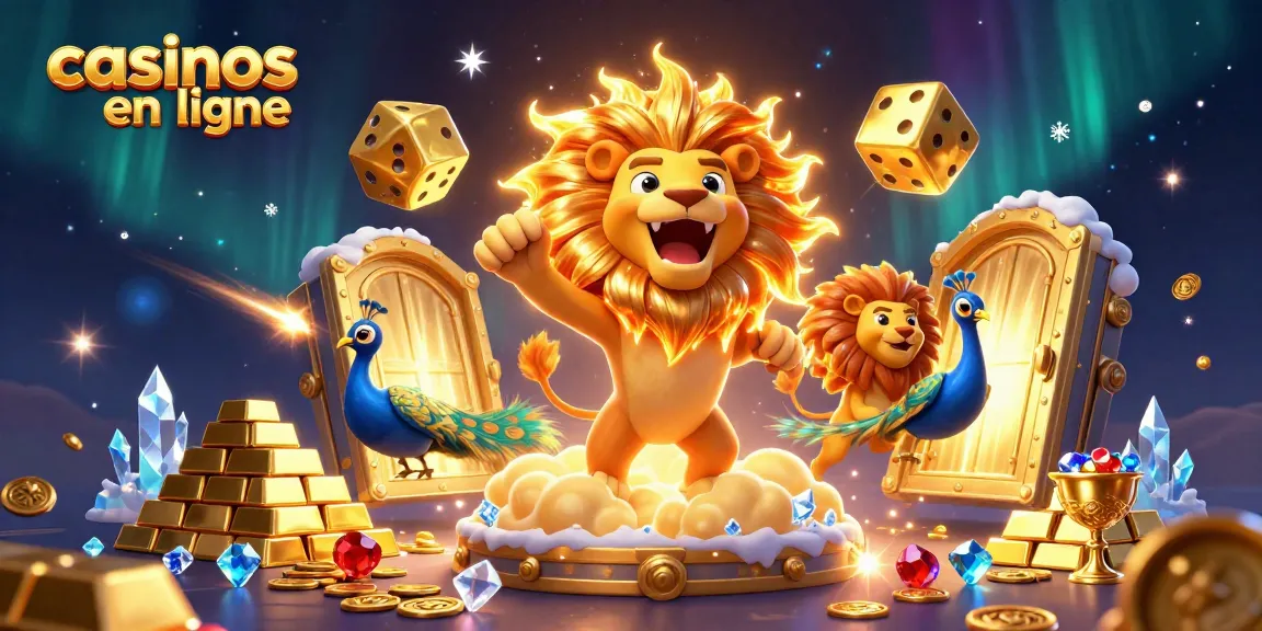 Illustration dynamique de casinos en ligne avec un lion éclatant, des dés dorés et des trésors scintillants.