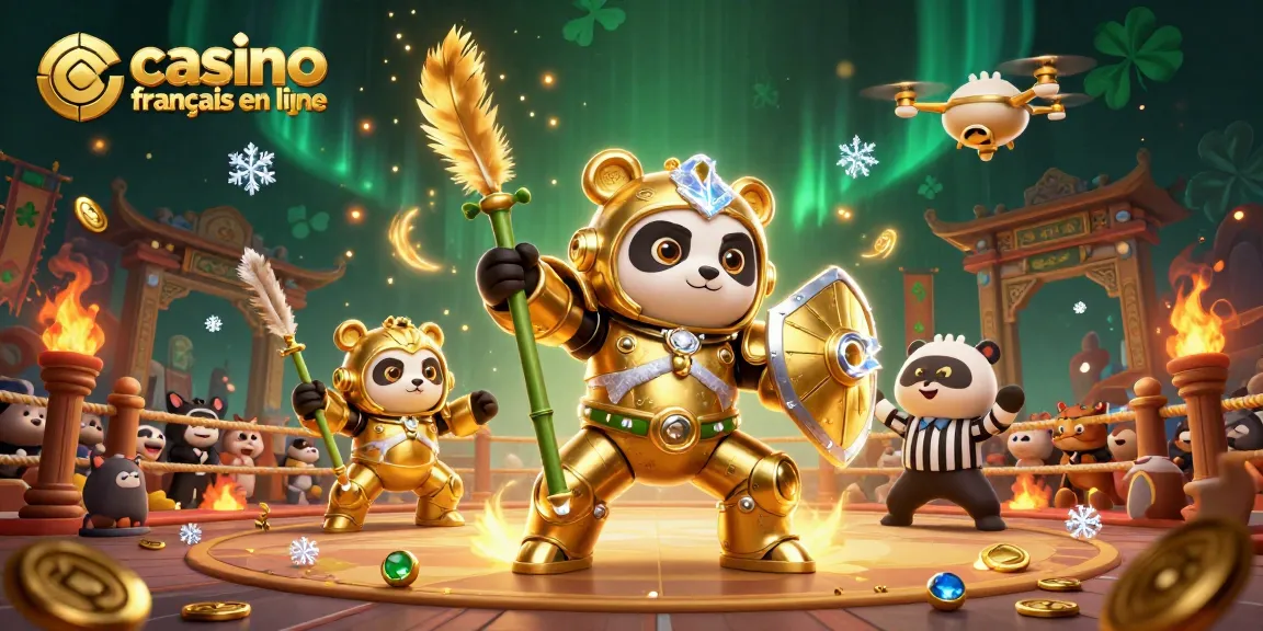 Image d'une illustration 3D dynamique représentant le casino francais en ligne avec un panda doré et un robot dans une arène.