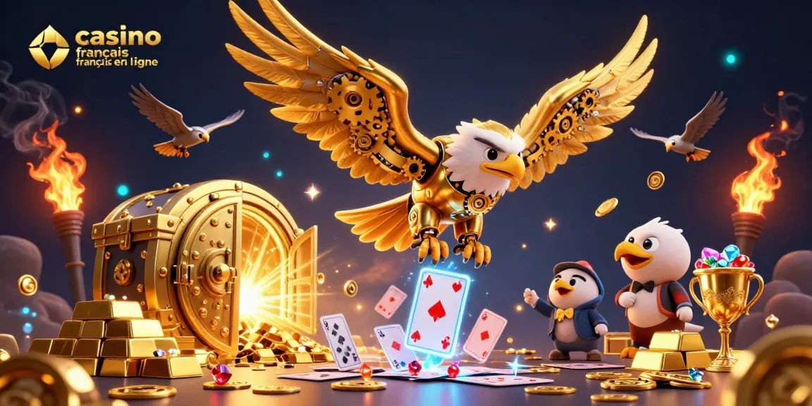 Vivez l'expérience des gains au casino français en ligne avec un aigle doré plongeant dans les cartes à jouer.