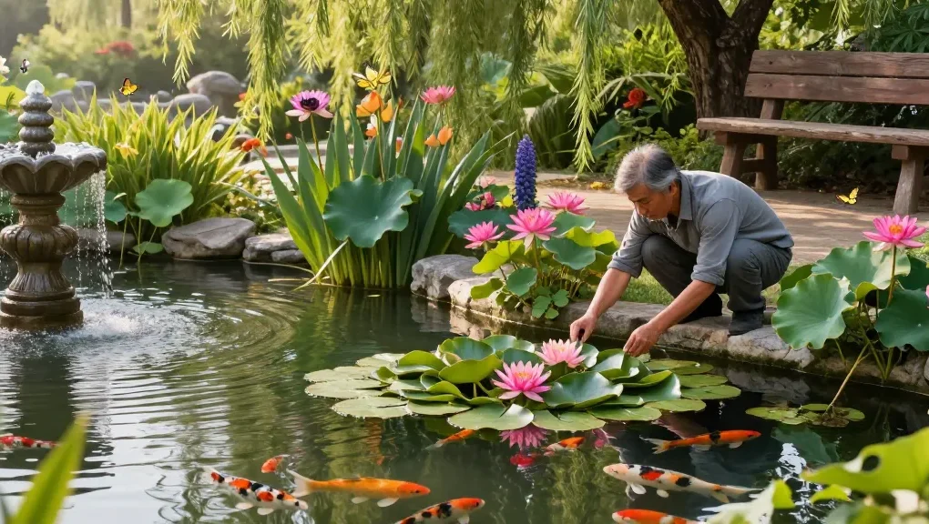Pond plants flourishing in a tranquil garden pond with water lilies and koi fish.