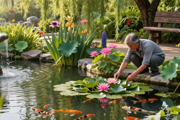 Pond plants flourishing in a tranquil garden pond with water lilies and koi fish.