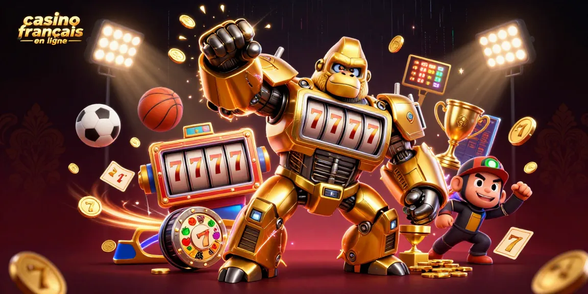 Plongez dans l'univers du casino français en ligne avec ce visuel vibrant de mecha-gorille et éléments de jeu.