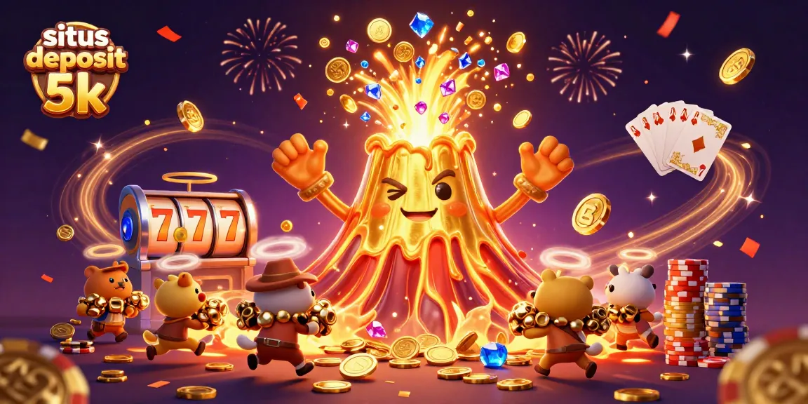 Experience the excitement of situs deposit 5k with shimmering treasures erupting from a golden volcano in a vibrant casino scene.
