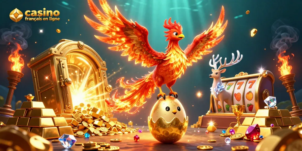Jouez dans un casino francais en ligne avec cette illustration dynamique de jeu, comprenant un phoenix de feu et un coffre-fort doré.