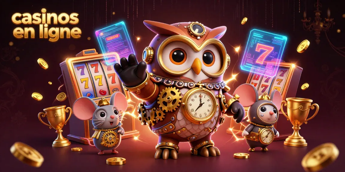 Visualisez des casinos en ligne avec des éléments de jeu riches et un hibou steampunk dynamique.