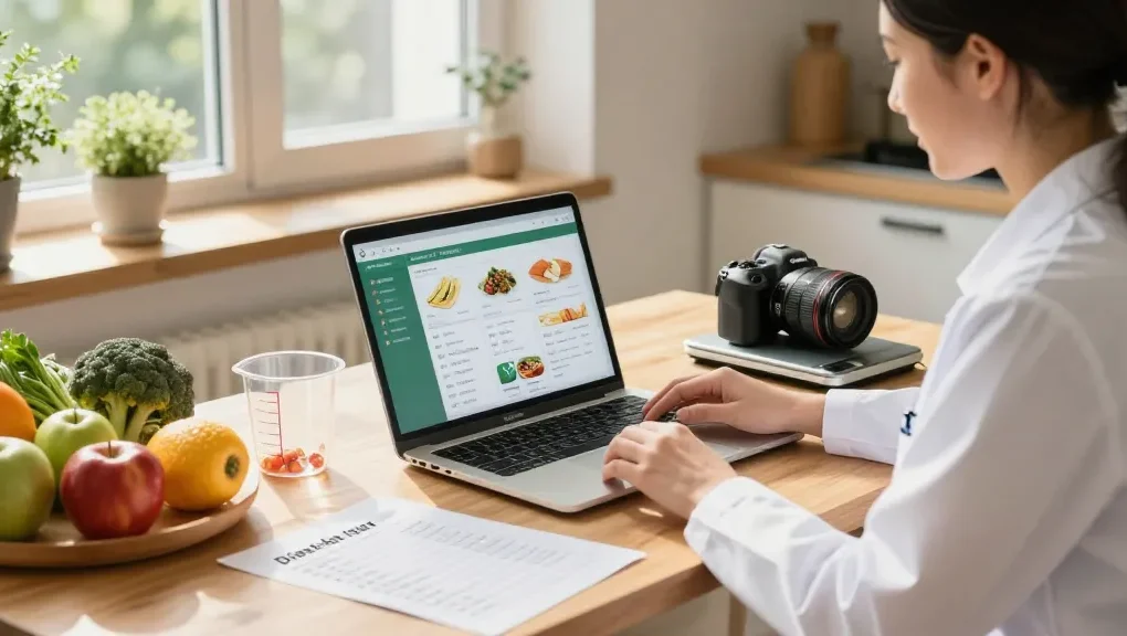 Nutritionist reviewing the best food tracker apps with fresh ingredients, promoting healthy eating.