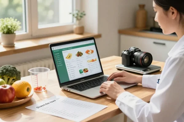 Nutritionist reviewing the best food tracker apps with fresh ingredients, promoting healthy eating.