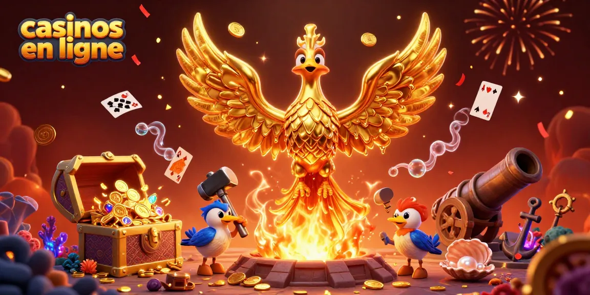 Se divertir dans les casinos en ligne avec un phénix doré et des pièces scintillantes, illustrant des gains incroyables.