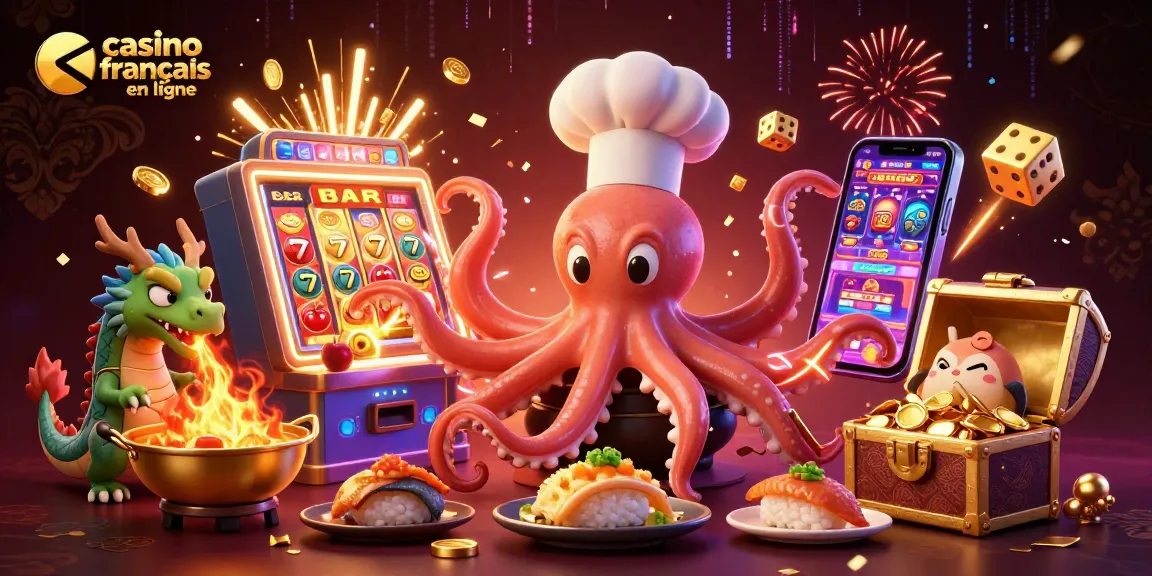 Profitez d'un casino français en ligne avec un chef sushi et des éléments de jackpot colorés entourés de dragons et de tanuki.