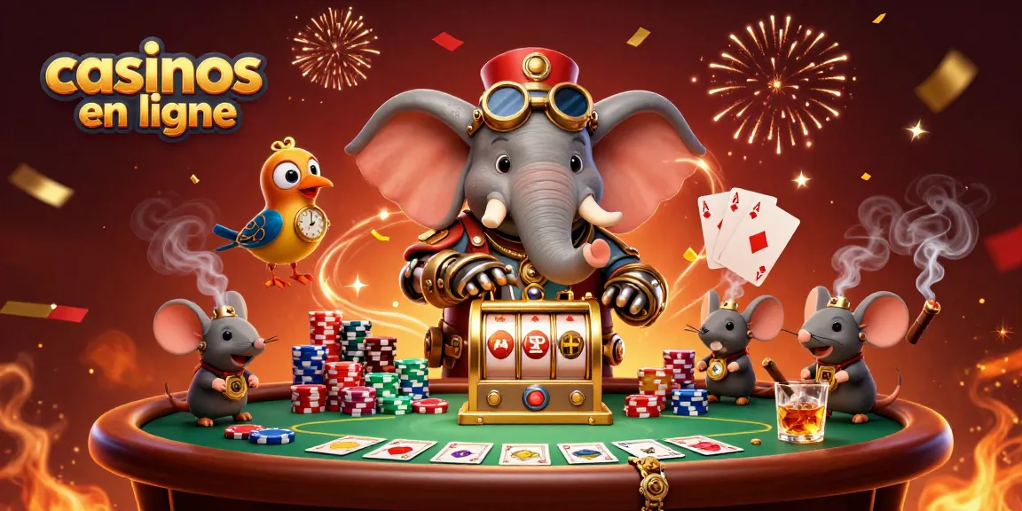 Des personnages de "casinos en ligne" animés autour d'une machine à sous et de tables de poker.