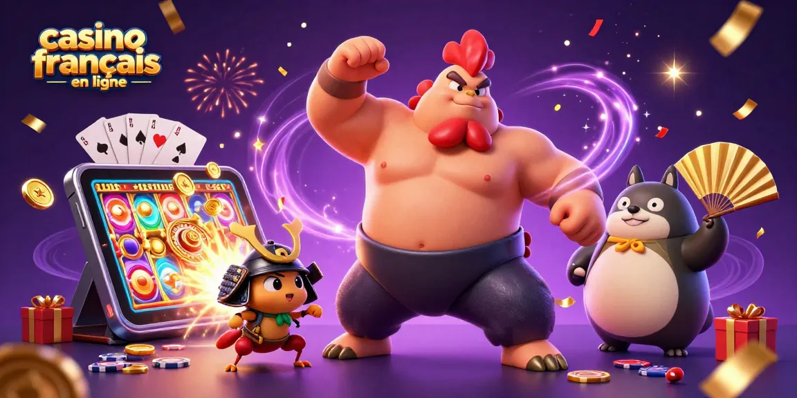Jouer sur un casino français en ligne avec une illustration dynamique de personnages de jeu.