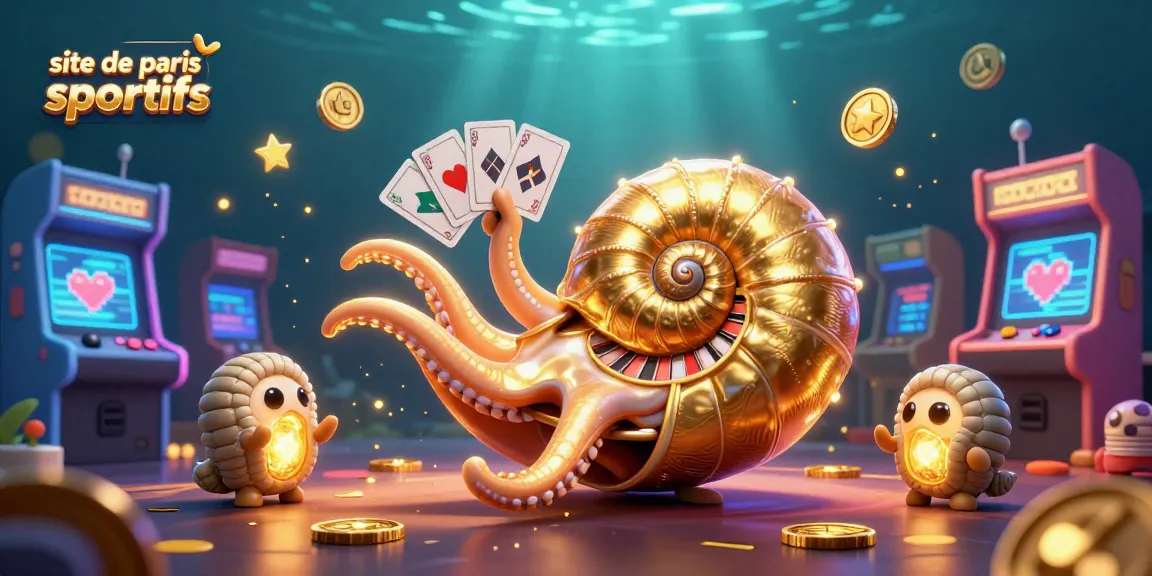 Illustrez le site de paris sportifs avec une scène dynamique réunissant un nautilus géant et des éléments de jeu scintillants.