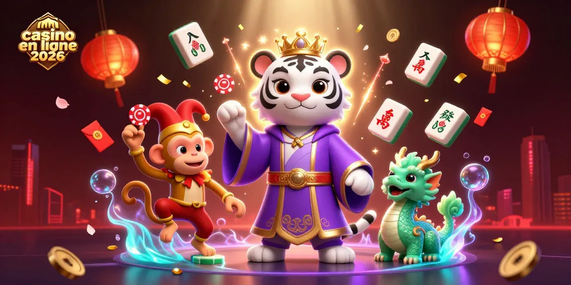 Nouveau casino en ligne 2026: scène dynamique avec tigre, singe et dragon, ambiance de jeu festive.
